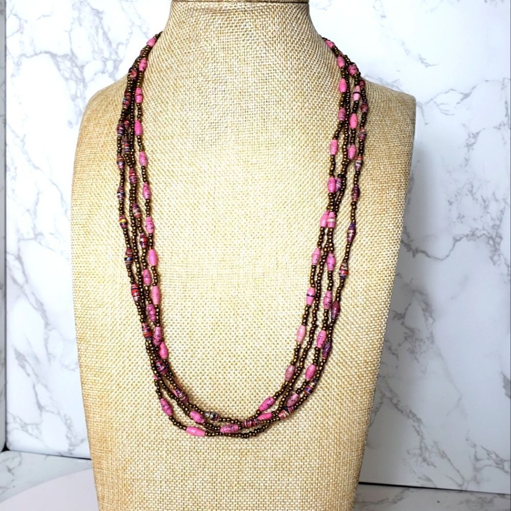 VINTAGE Rolled Paper Beads Multi-strand Necklace